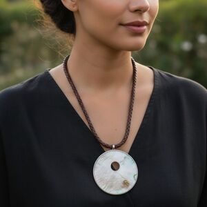 Large Statement Mother of Pearl Shell Donut Pendant - Sterling Silver Tone Bail